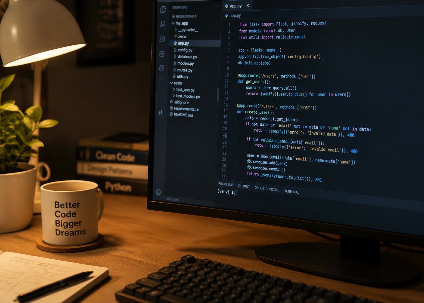Monitor showing Python application code in a dark editor next to a desk lamp, notebook and books
