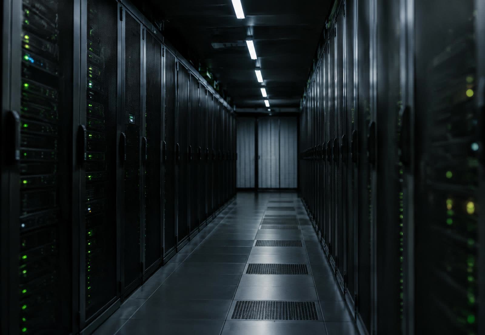 Long aisle of server racks with green status lights in a darkened data center