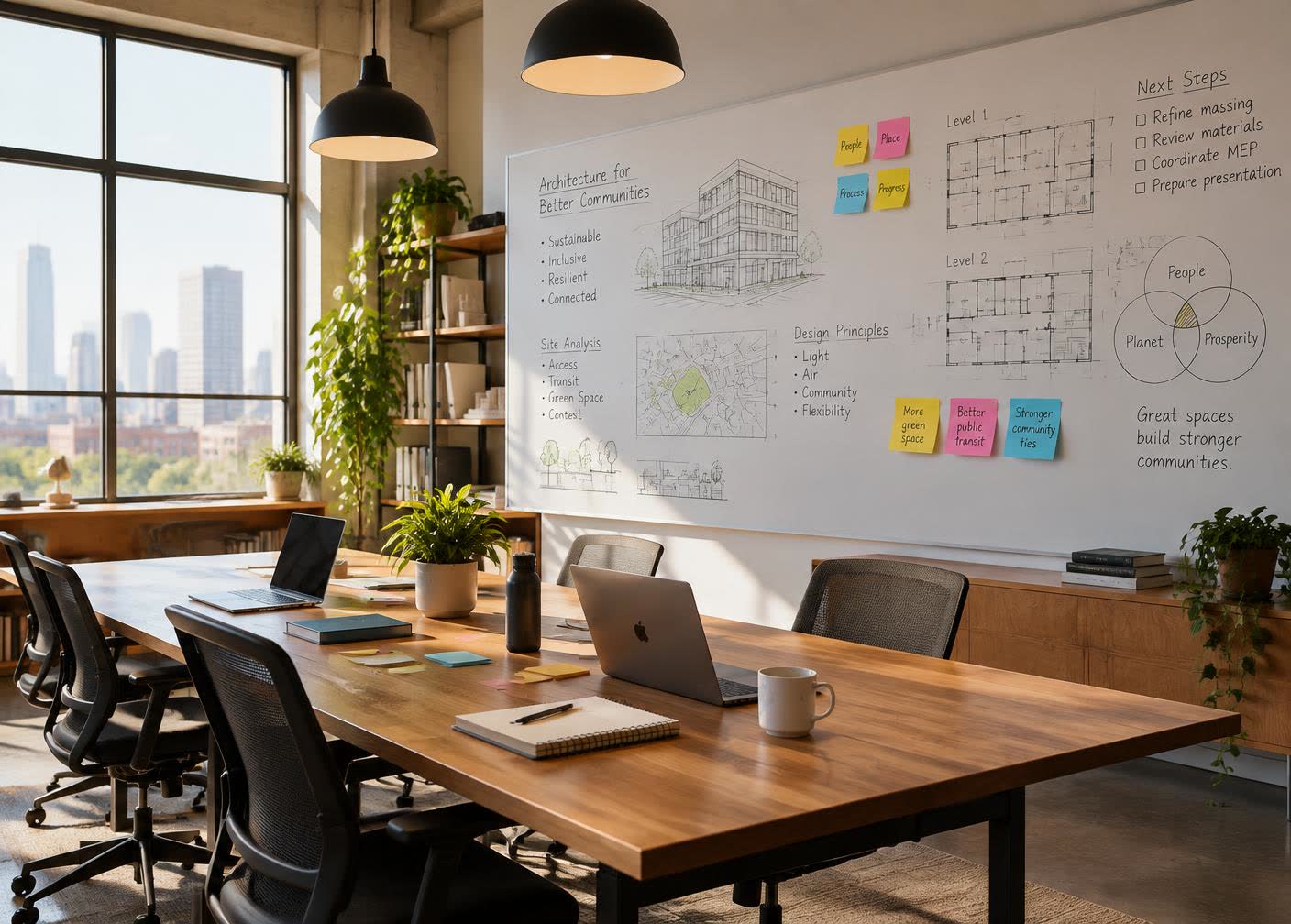 Empty meeting room with laptops on a wooden table and a whiteboard covered in diagrams and sticky notes